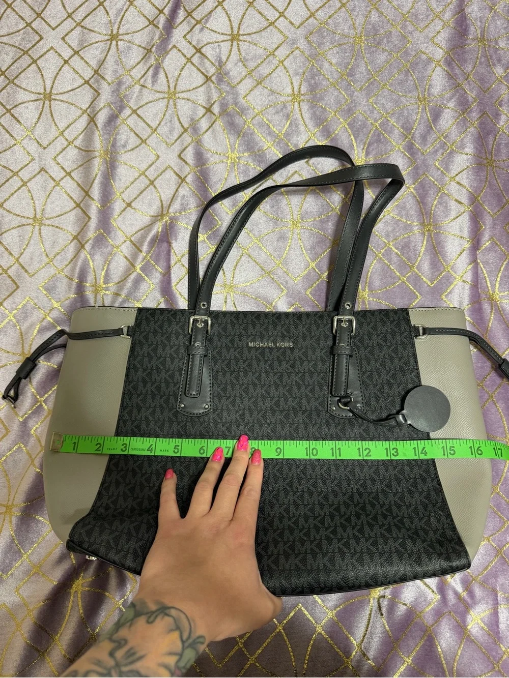 Michael Kors Black & Taupe Logo-Print Tote with MK Charm